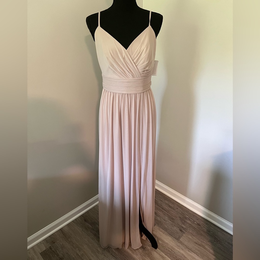 Davids Bridal - spaghetti strap ruched waist mesh bridesmaid dress